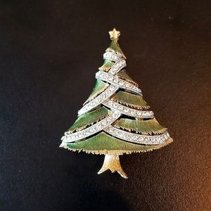 Vintage JJ Enameled and Rhinestoned Christmas Tree Brooch